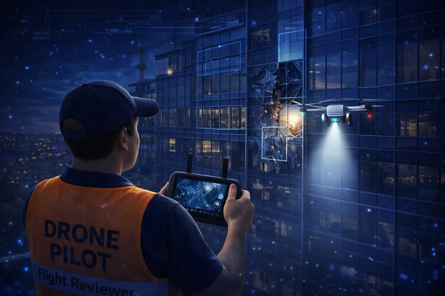 A site manager and a drone pilot reviewing an inspection flight